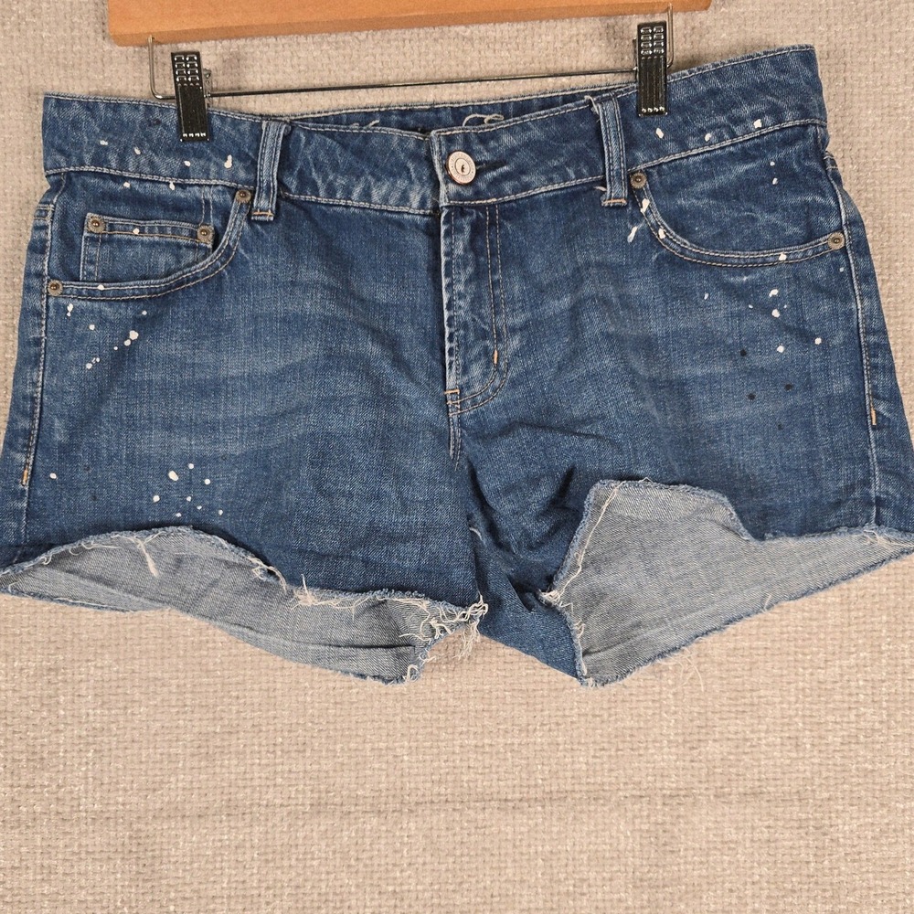American Eagle Womens Blue Paint Splatter Raw Hem Denim Shorts Size 14 Mid Rise